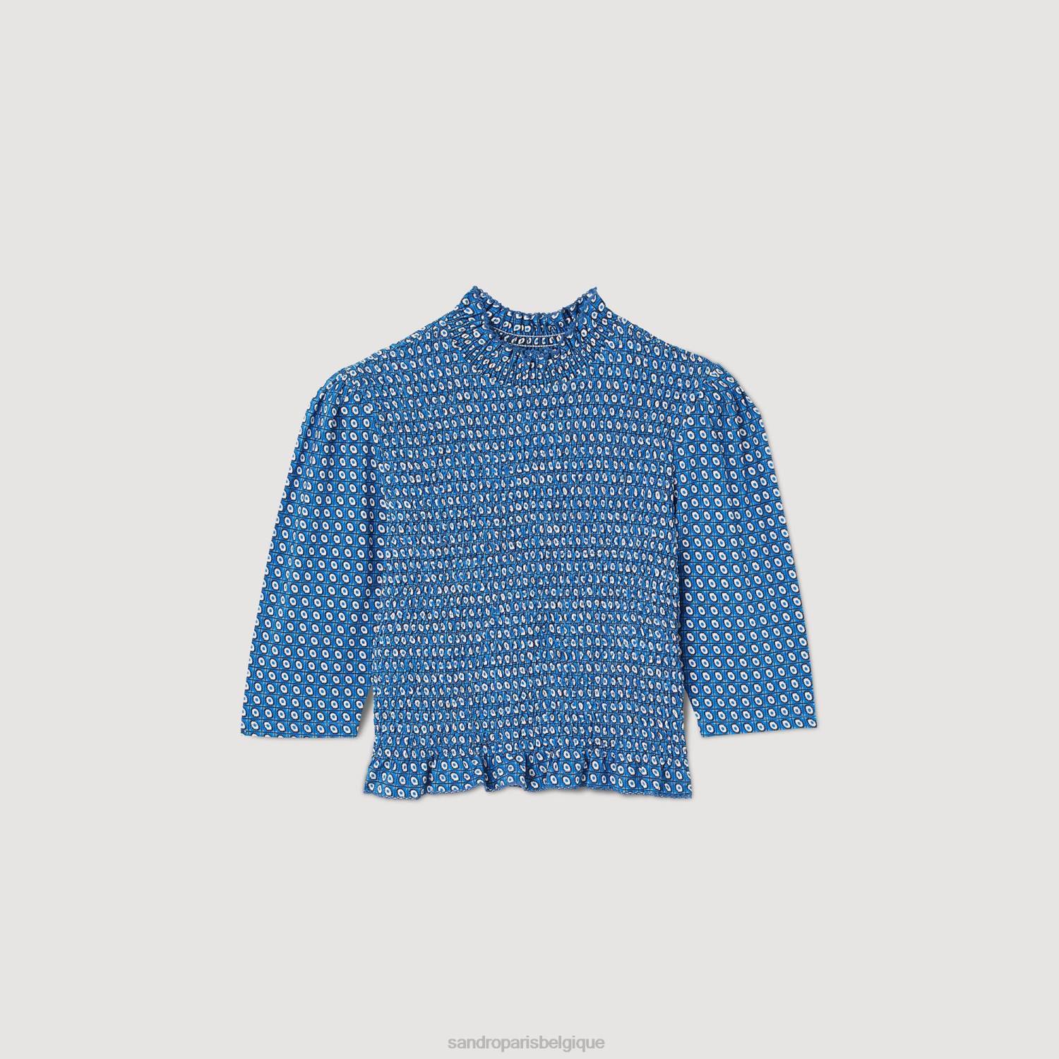 vêtements Sandro Paris haut imprimé à smocks bleu femmes XLXD32