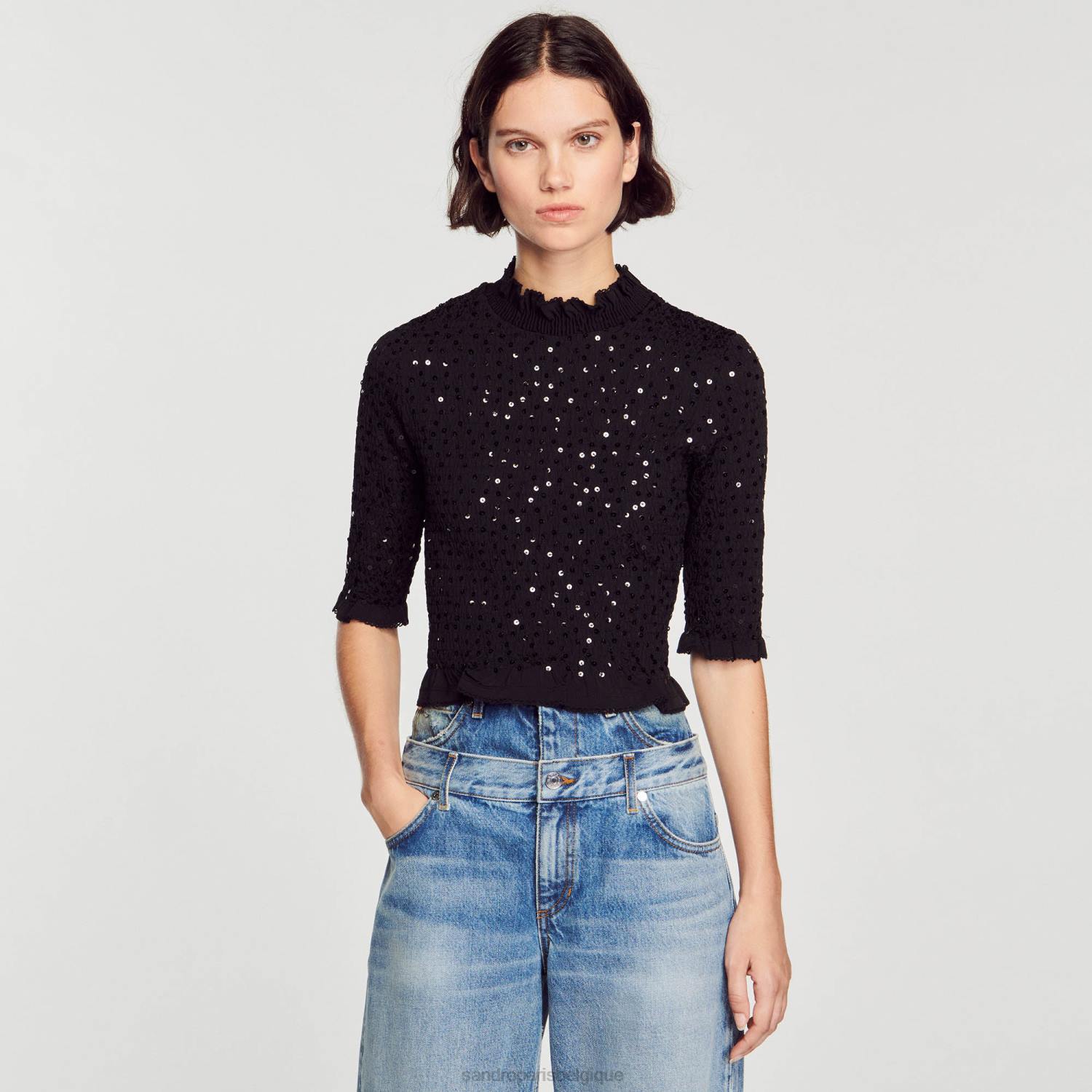 vêtements Sandro Paris haut à paillettes noir femmes XLXD27