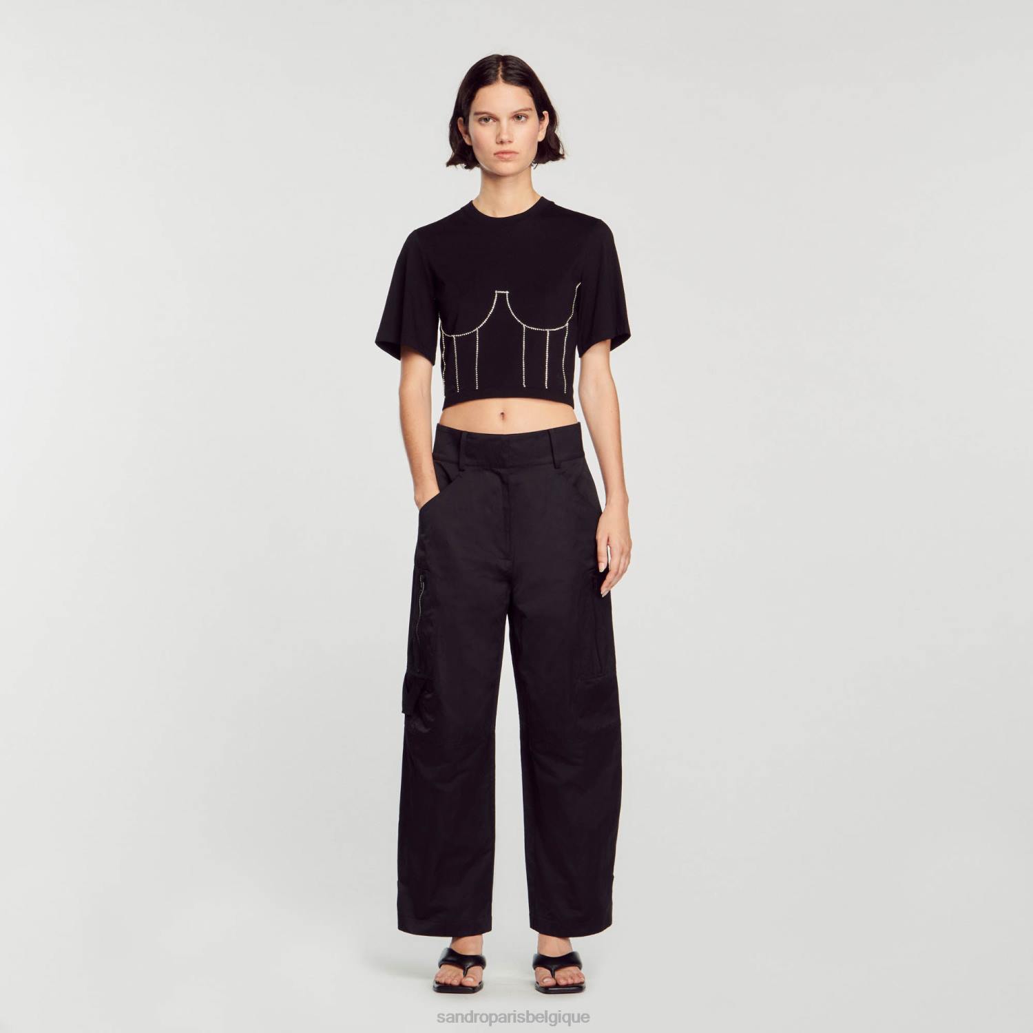 vêtements Sandro Paris t-shirt avec motif bustier en strass noir femmes XLXD30