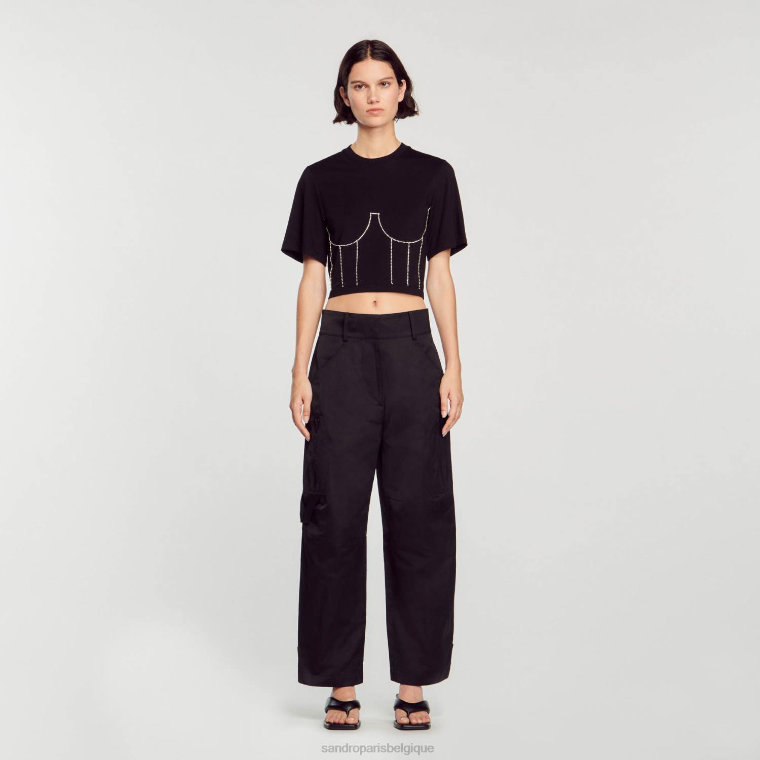 vêtements Sandro Paris t-shirt avec motif bustier en strass noir femmes XLXD30