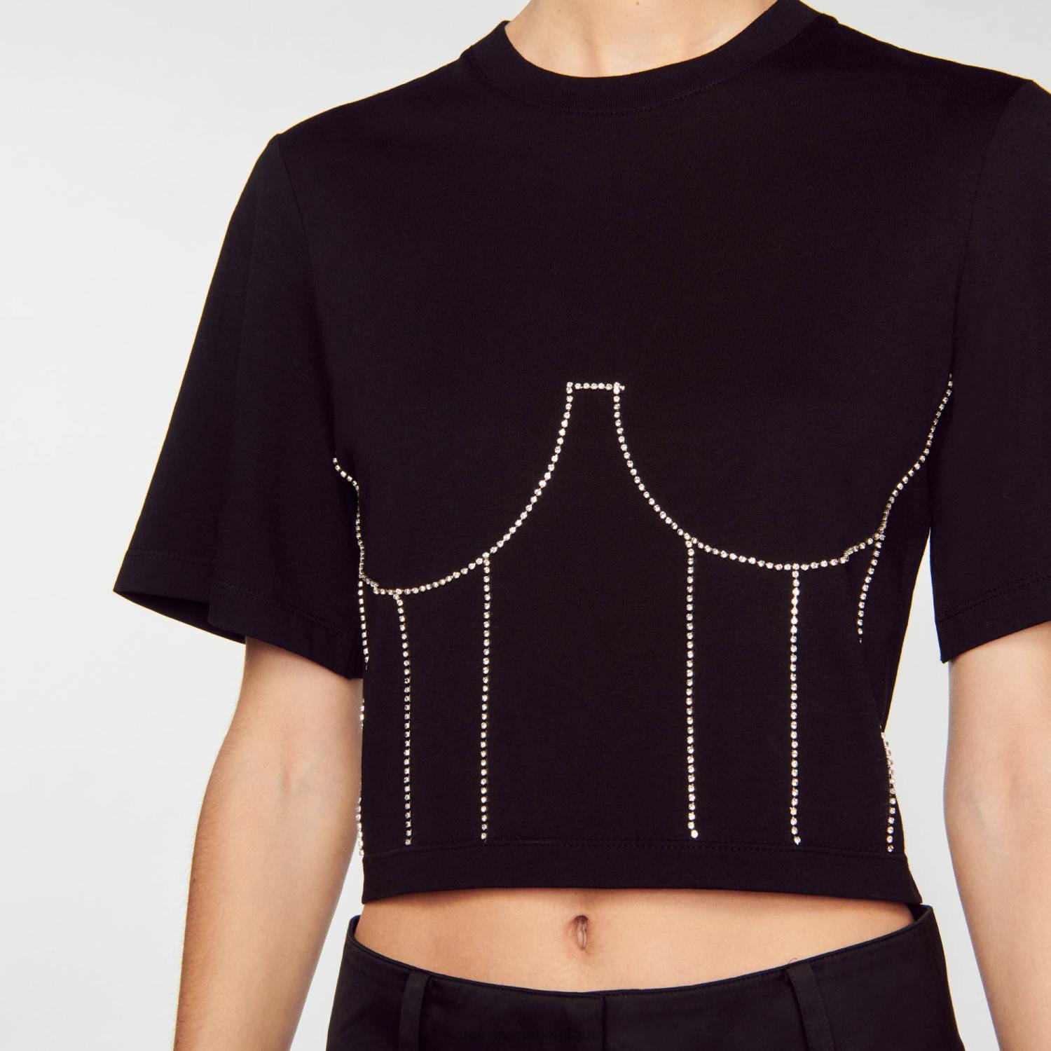 vêtements Sandro Paris t-shirt avec motif bustier en strass noir femmes XLXD30