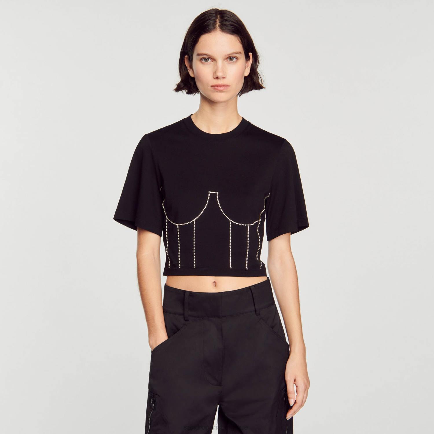 vêtements Sandro Paris t-shirt avec motif bustier en strass noir femmes XLXD30
