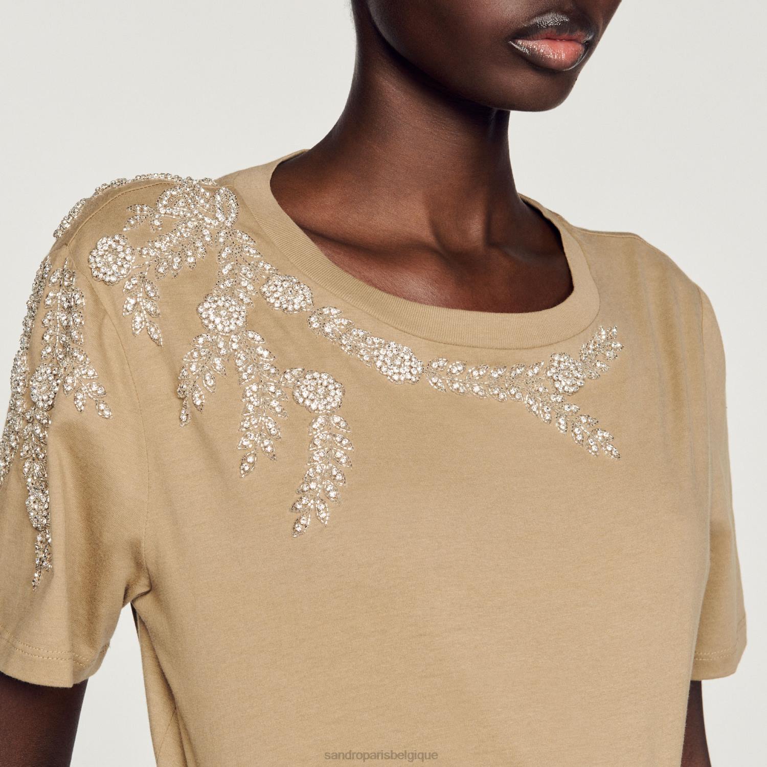 vêtements Sandro Paris t-shirt à ornements en strass olive verte femmes XLXD151