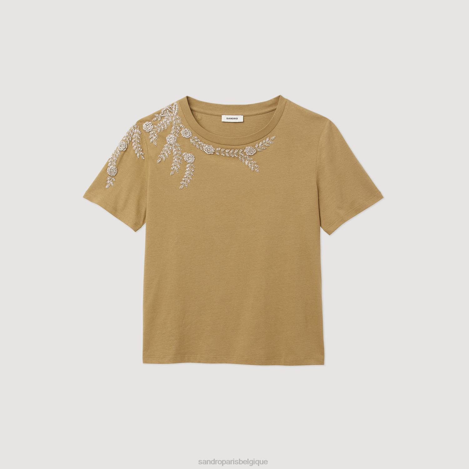 vêtements Sandro Paris t-shirt à ornements en strass olive verte femmes XLXD151