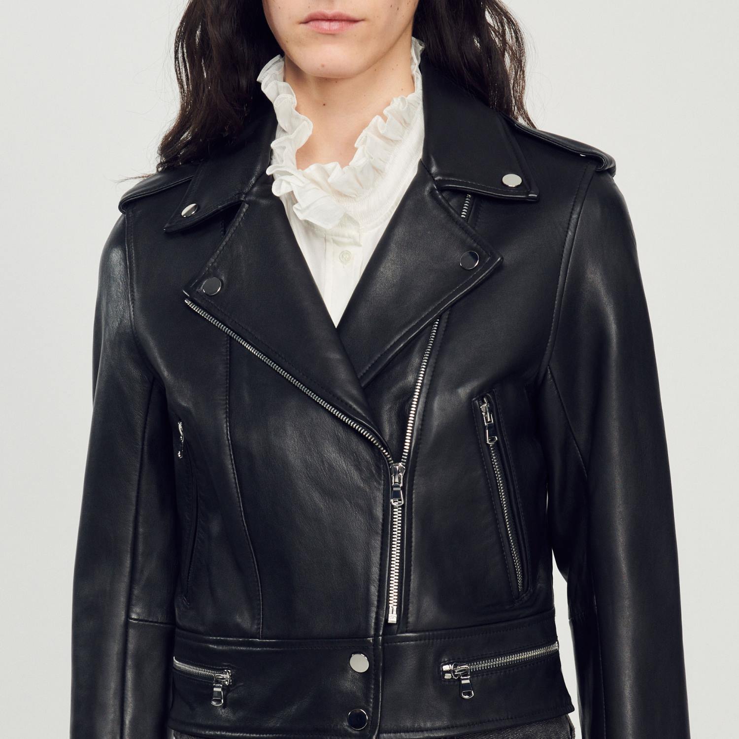 vêtements Sandro Paris veste de cuir noir femmes XLXD104