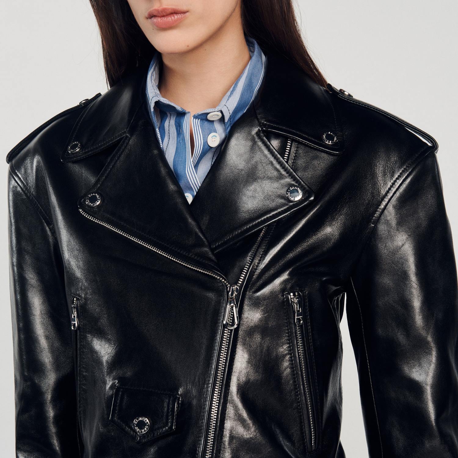 vêtements Sandro Paris veste de cuir noir femmes XLXD452