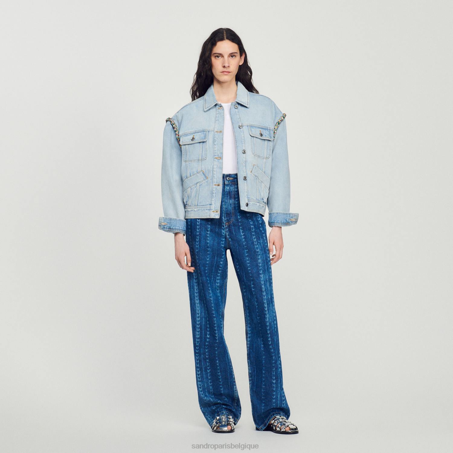 vêtements Sandro Paris veste en jean avec strass jean bu clair femmes XLXD137