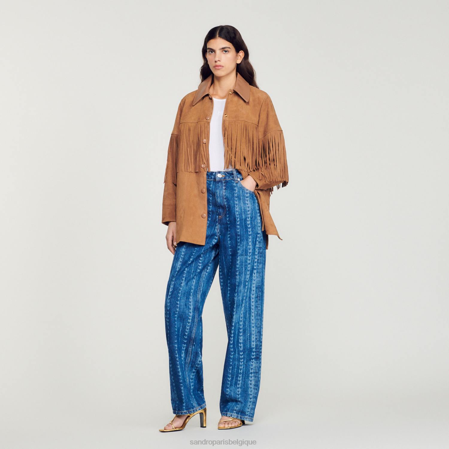 vêtements Sandro Paris veste longue en cuir à franges chameau femmes XLXD443