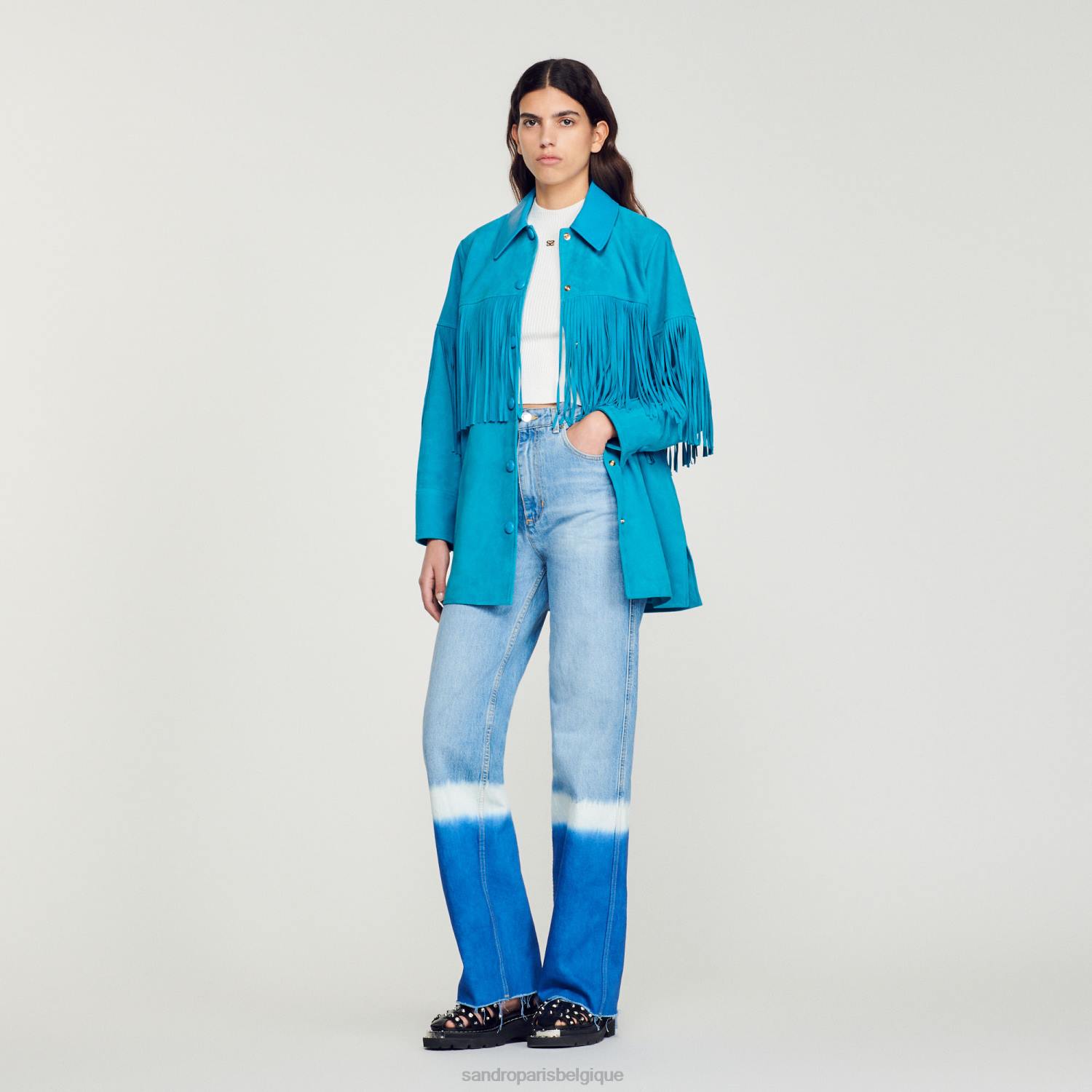 vêtements Sandro Paris veste longue en cuir à franges turquoise femmes XLXD444