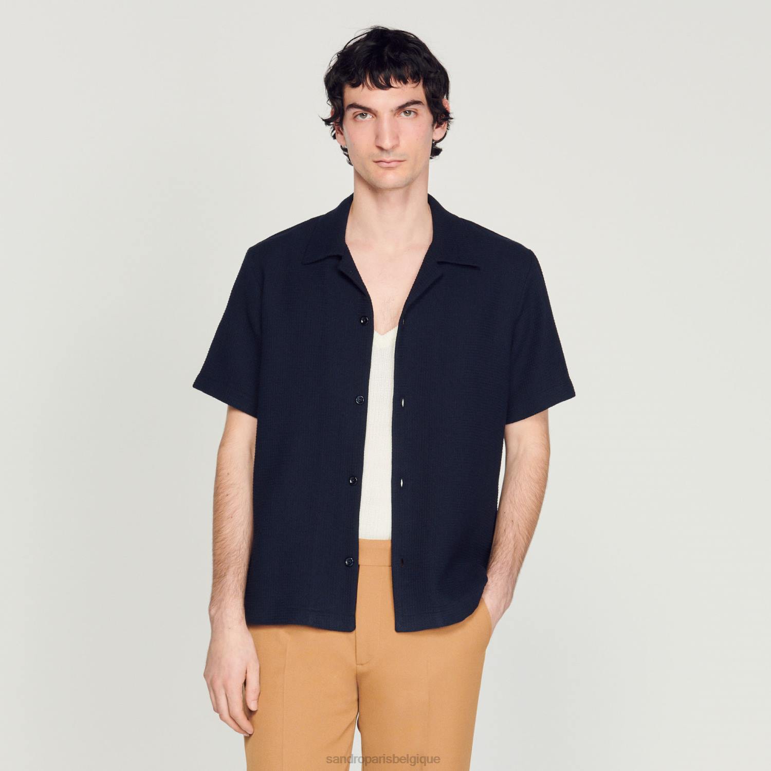 vêtements Sandro Paris chemise en nid d'abeille bleu marine Hommes XLXD641