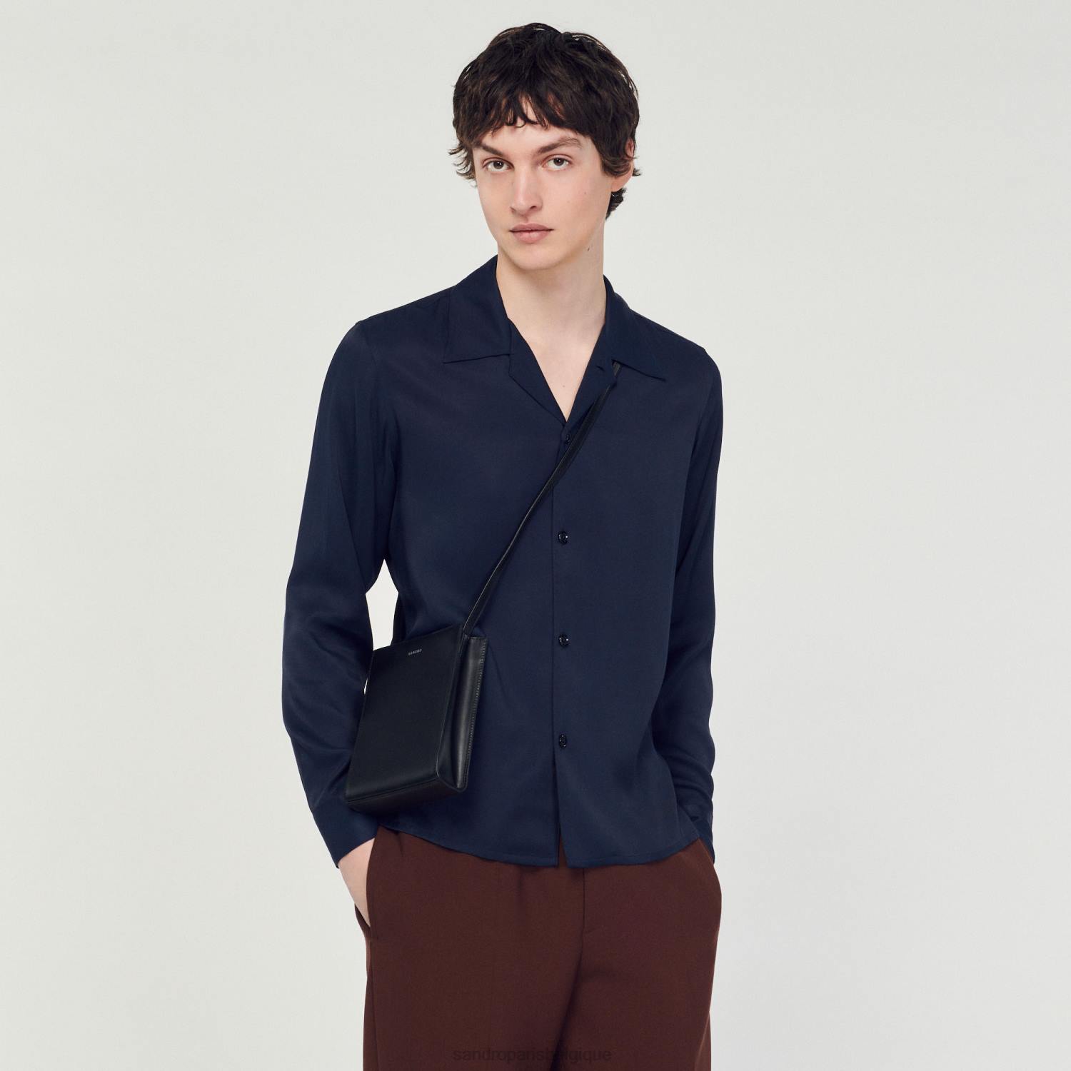 vêtements Sandro Paris chemise fluide à col italien bleu marine Hommes XLXD798
