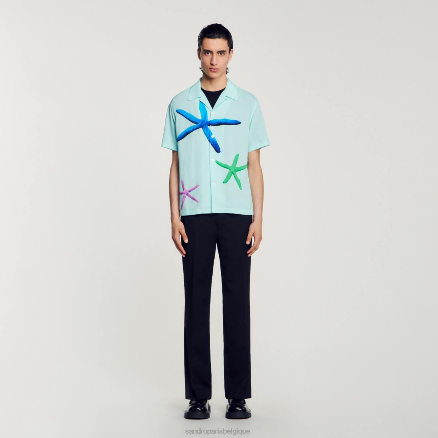 vêtements Sandro Paris chemise imprimée étoiles de mer bleu menthe Hommes XLXD661