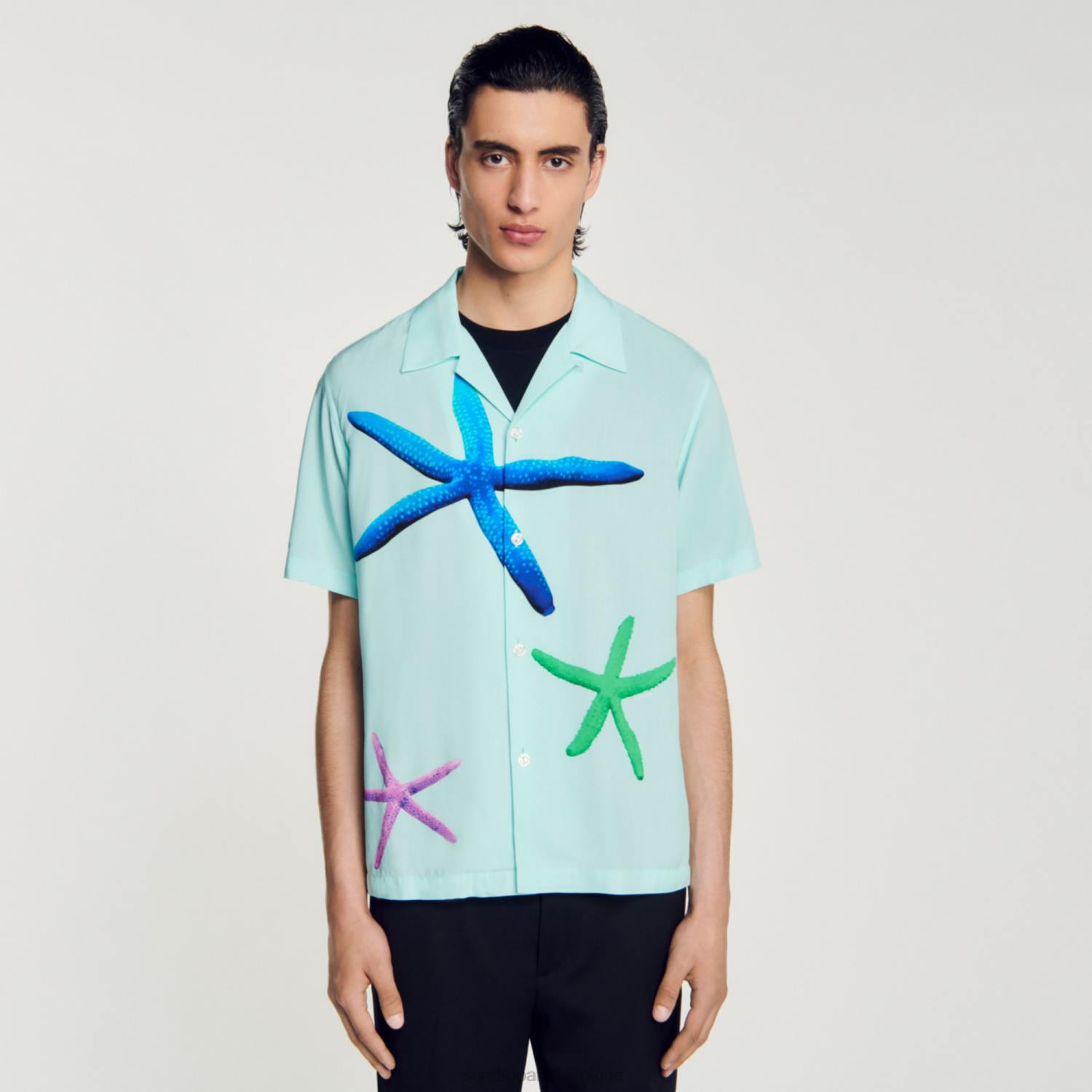 vêtements Sandro Paris chemise imprimée étoiles de mer bleu menthe Hommes XLXD661