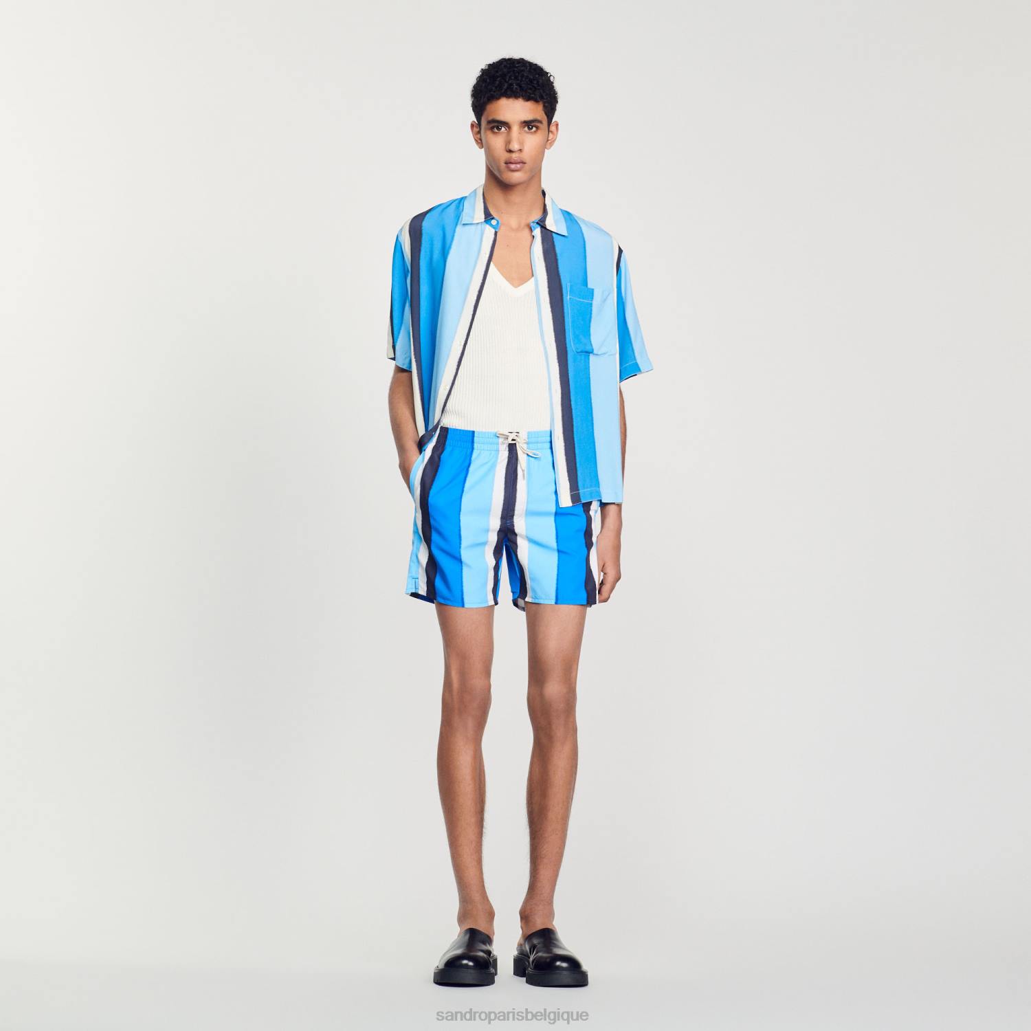 vêtements Sandro Paris short de bain imprimé à rayures bleu Hommes XLXD621