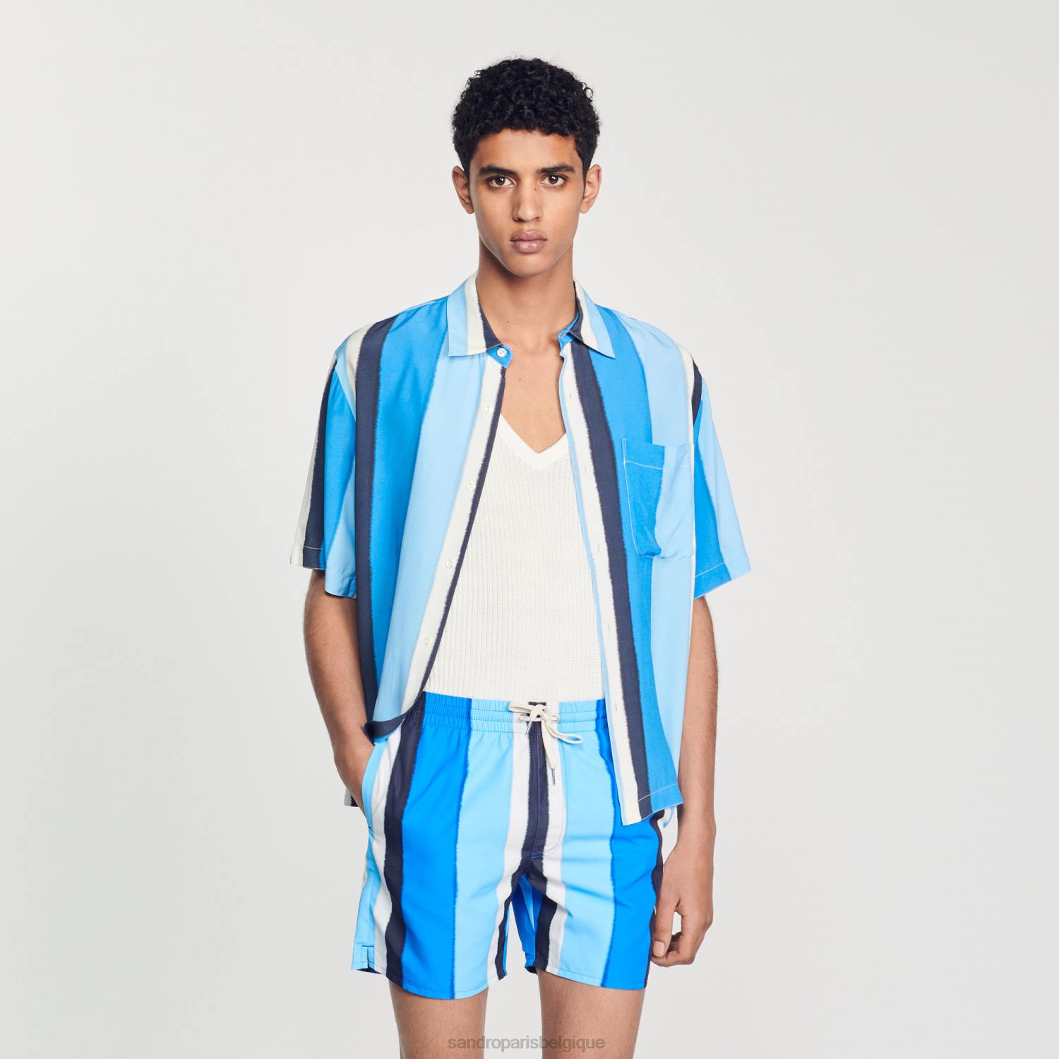 vêtements Sandro Paris short de bain imprimé à rayures bleu Hommes XLXD621