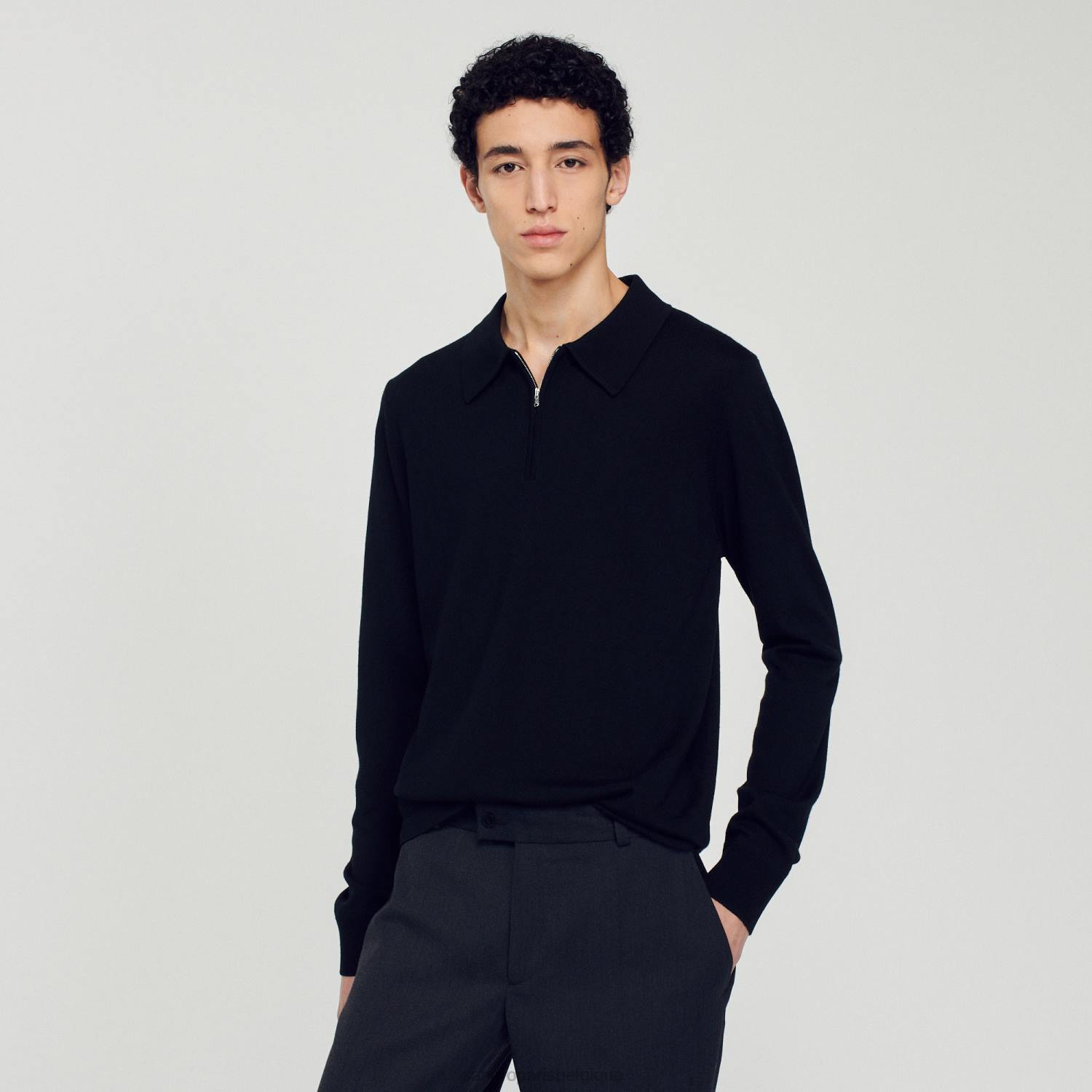 vêtements Sandro Paris pull polo tricoté noir Hommes XLXD643
