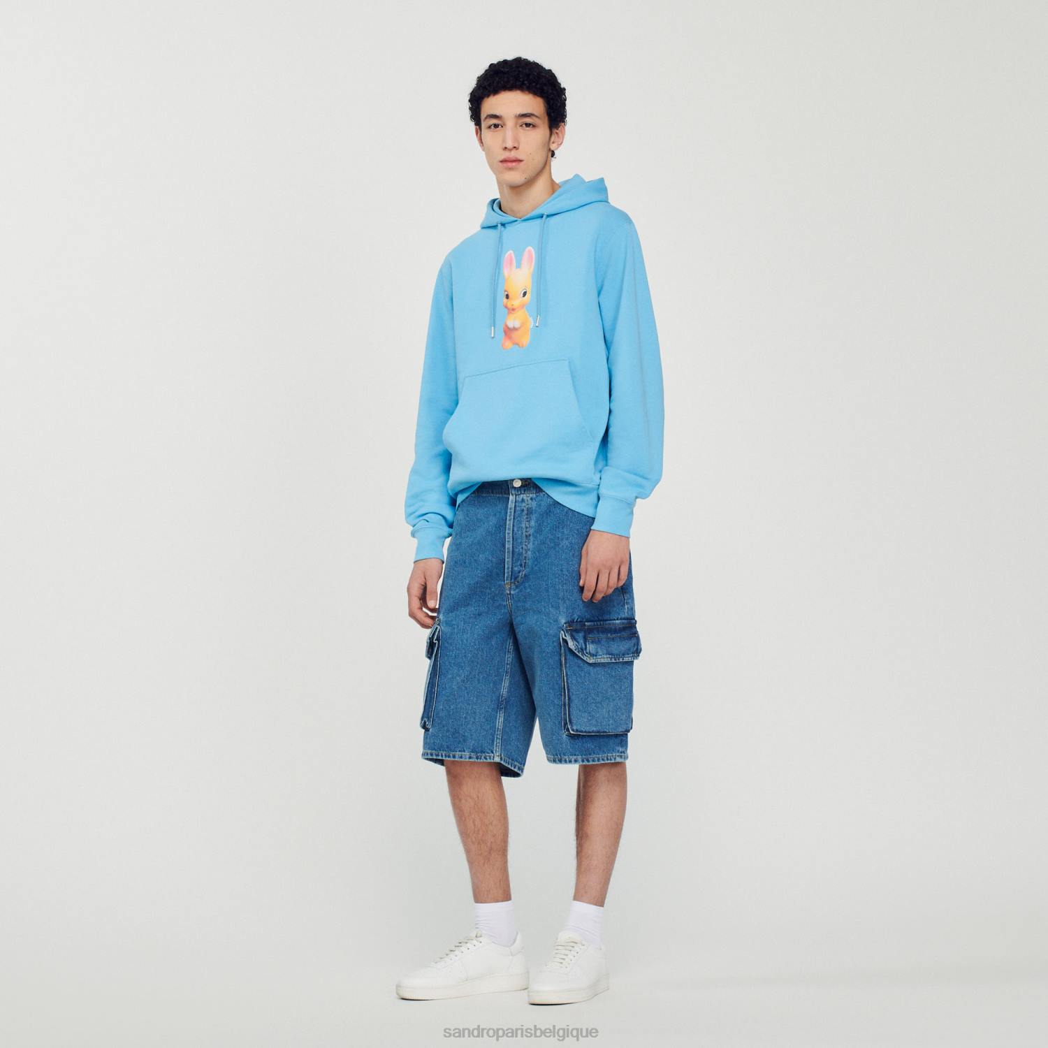 vêtements Sandro Paris sweat à capuche imprimé lapin bleu clair Hommes XLXD800