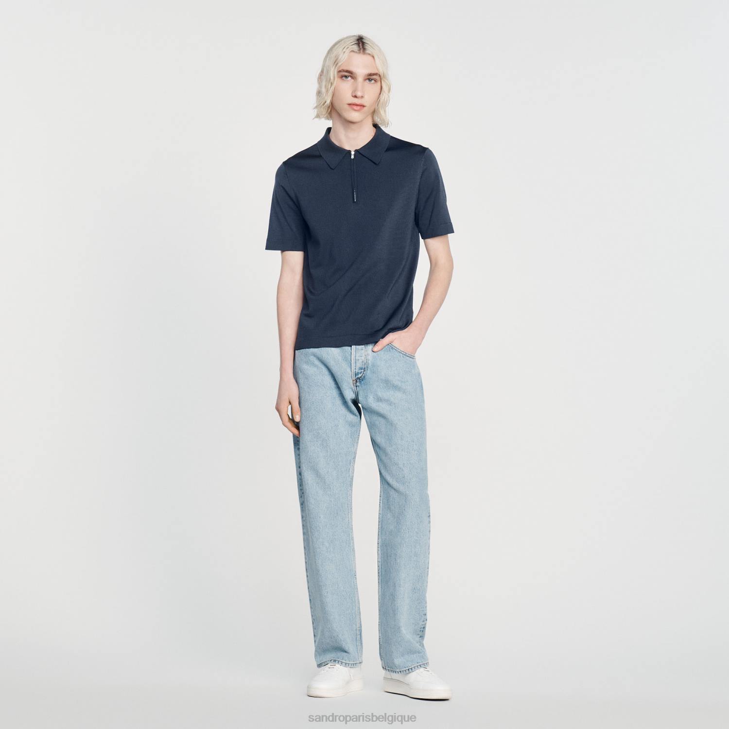 vêtements Sandro Paris polo en maille avec col zippé bleu Hommes XLXD630