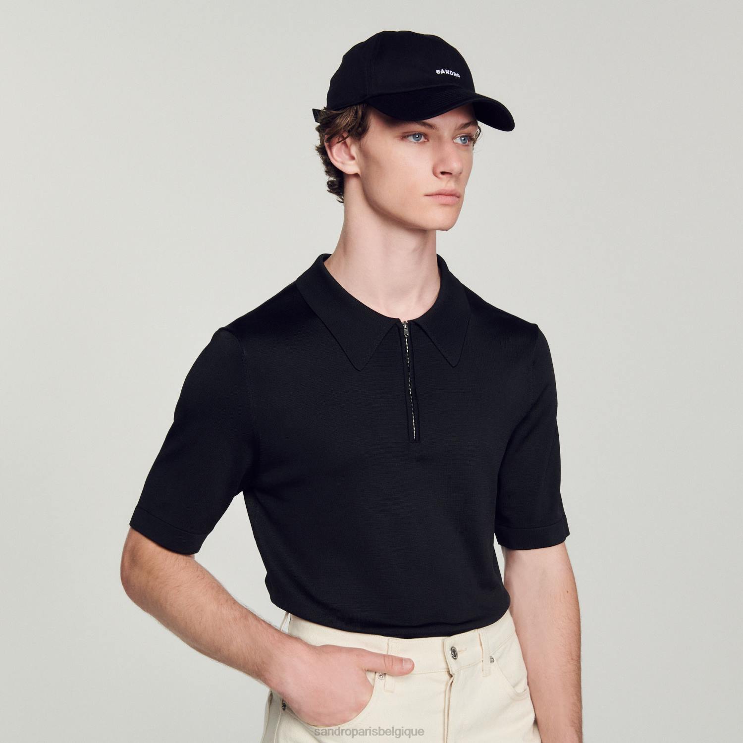 vêtements Sandro Paris polo en maille avec col zippé noir Hommes XLXD629