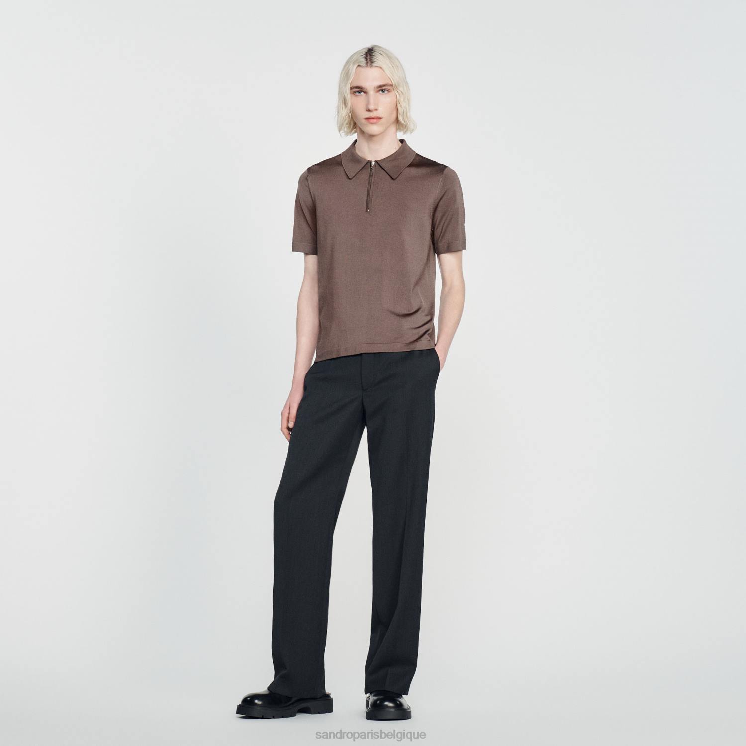 vêtements Sandro Paris polo en maille avec col zippé taupe Hommes XLXD631