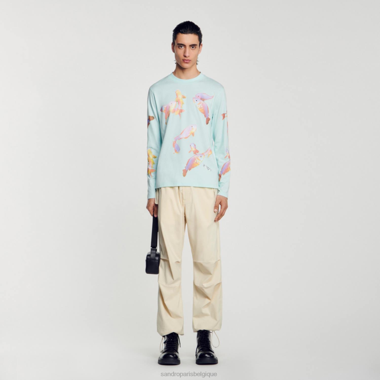 vêtements Sandro Paris t-shirt poisson bleu menthe Hommes XLXD663