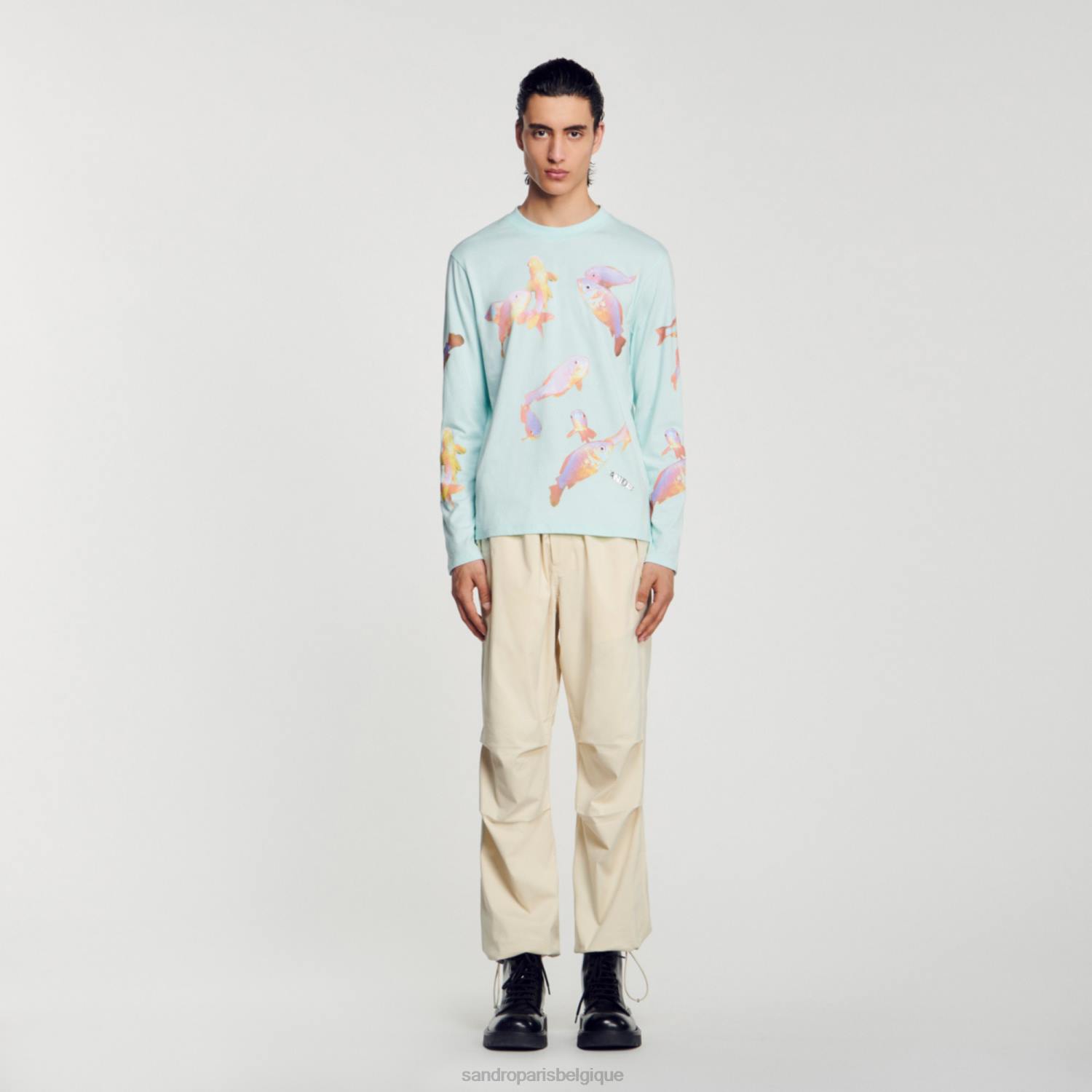 vêtements Sandro Paris t-shirt poisson bleu menthe Hommes XLXD663