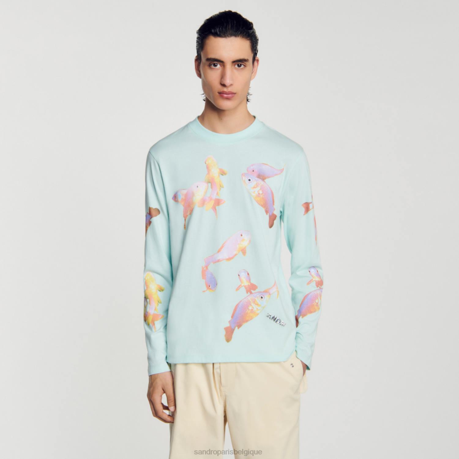 vêtements Sandro Paris t-shirt poisson bleu menthe Hommes XLXD663