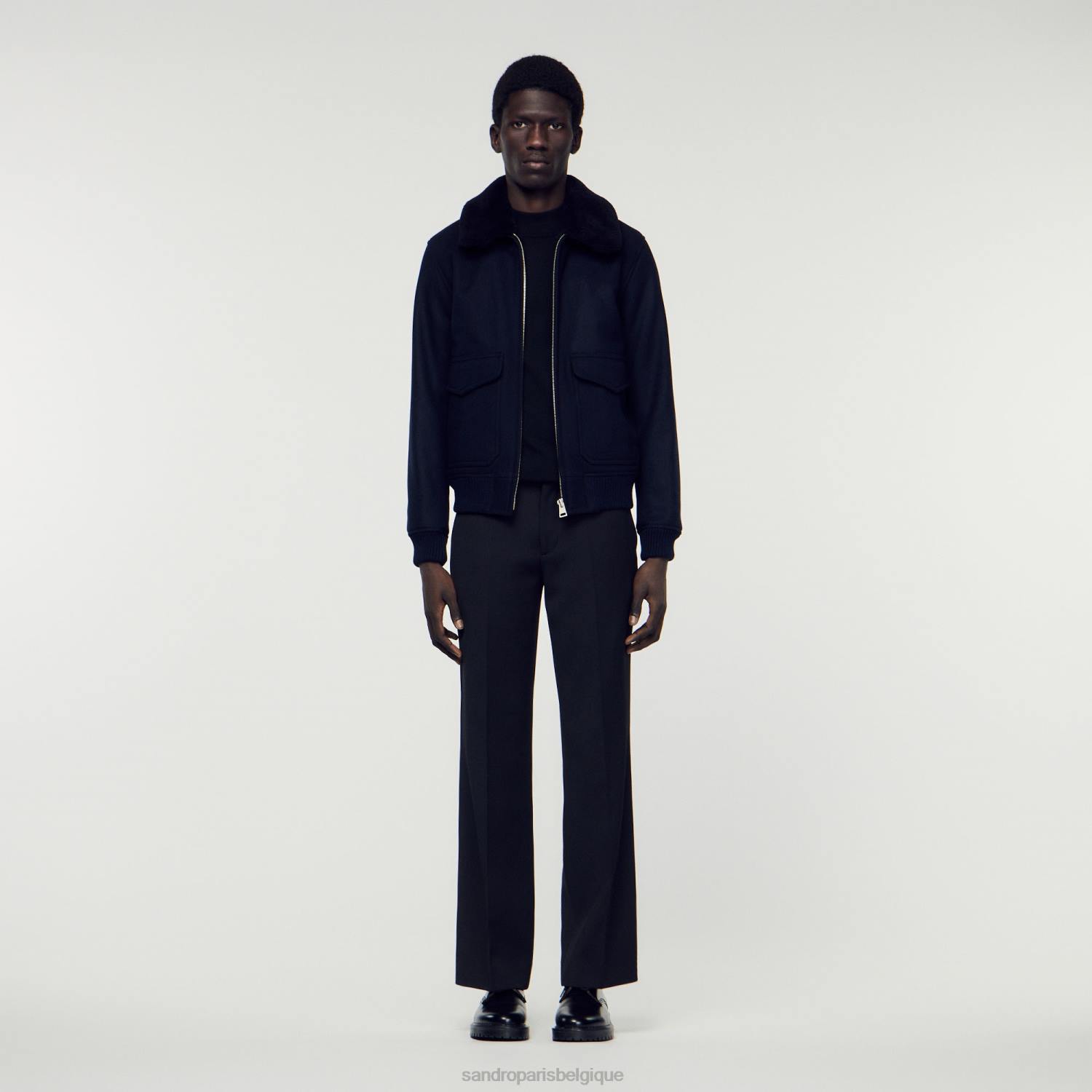 vêtements Sandro Paris veste aviateur avec col en peau de mouton bleu marine Hommes XLXD680