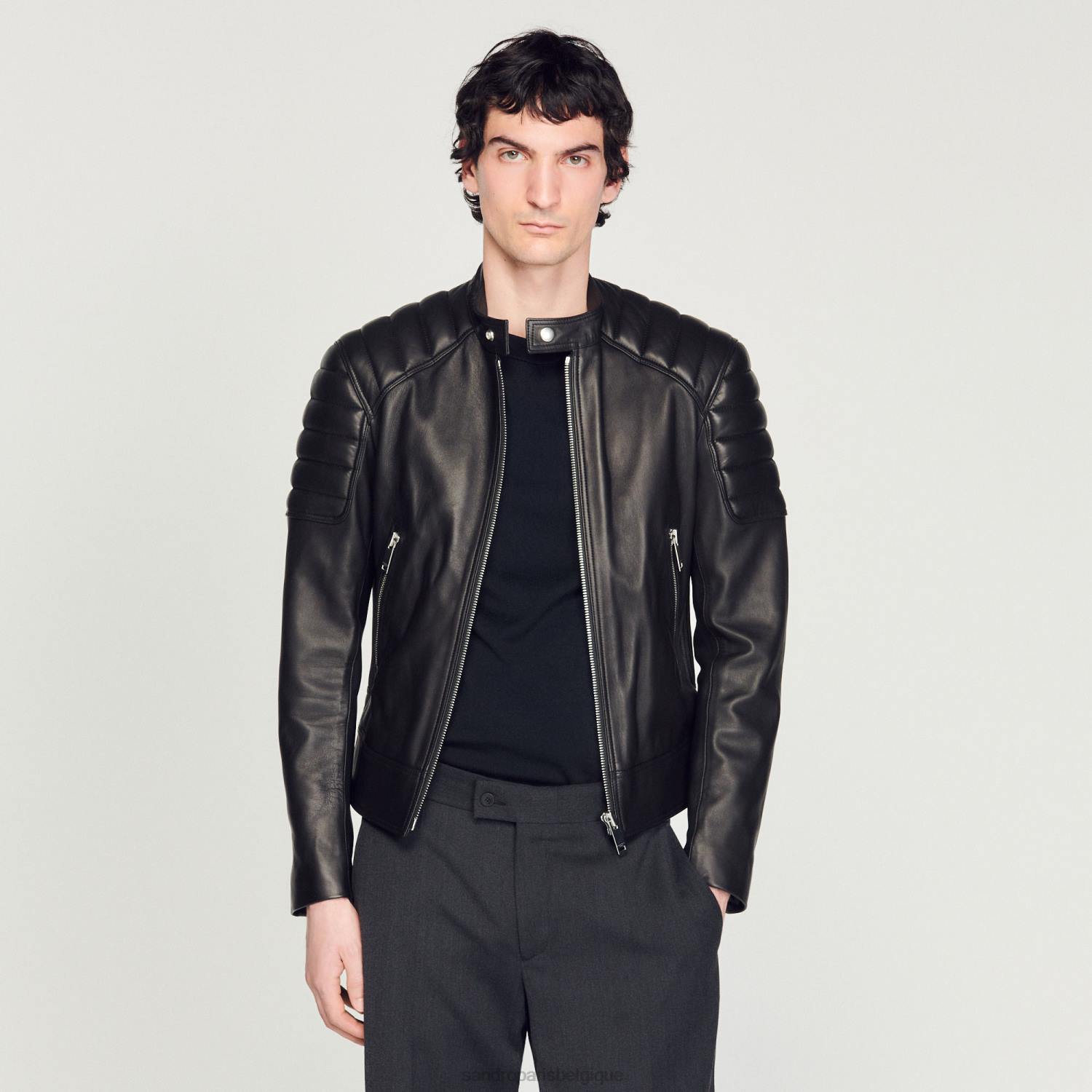 vêtements Sandro Paris veste en cuir avec bordures matelassées noir Hommes XLXD637