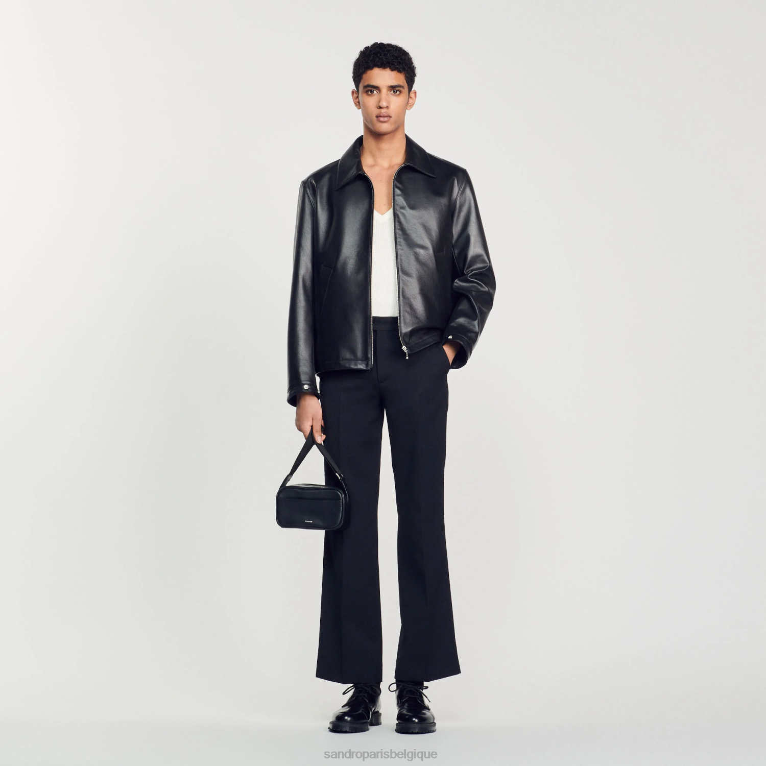 vêtements Sandro Paris veste en cuir lisse noir Hommes XLXD583