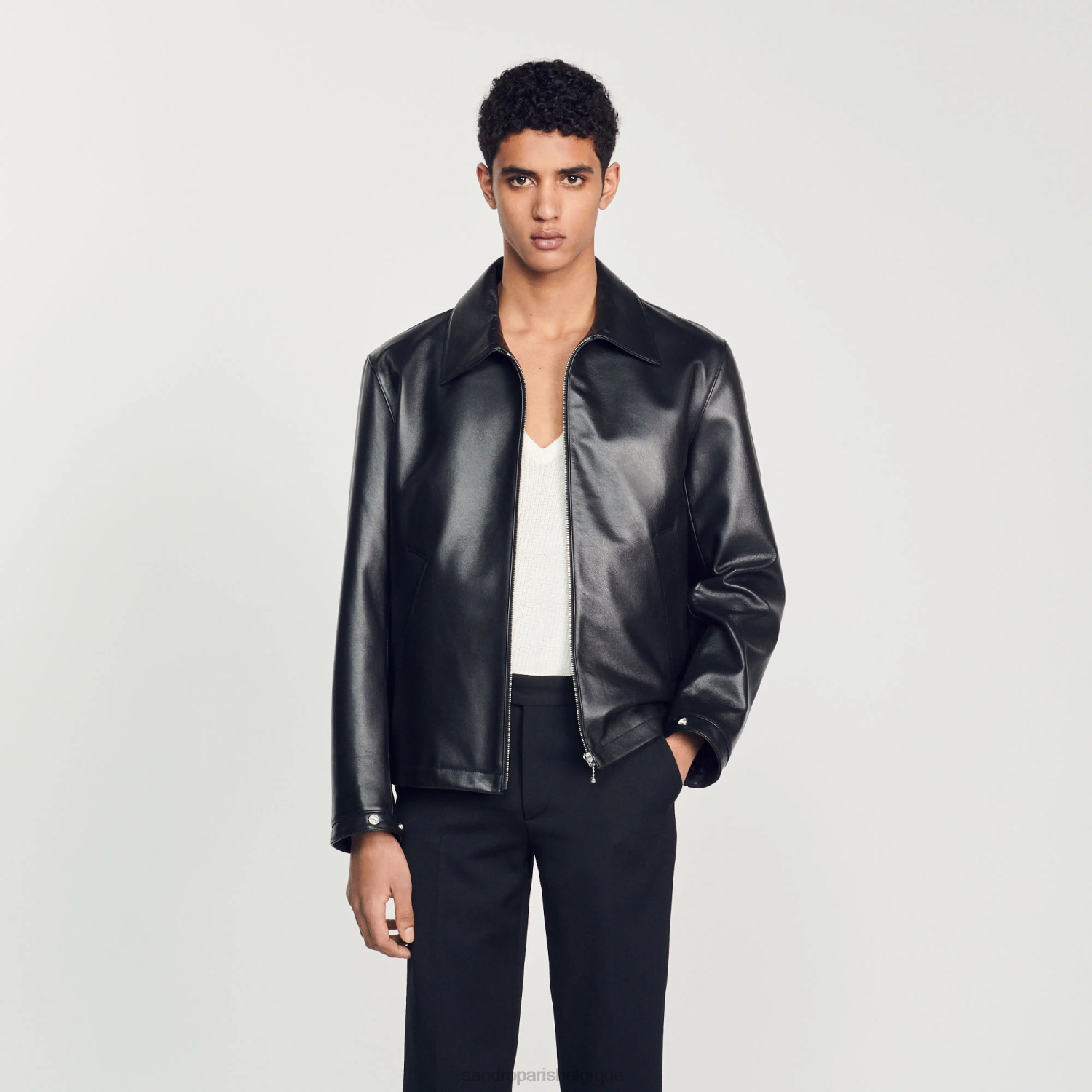 vêtements Sandro Paris veste en cuir lisse noir Hommes XLXD583
