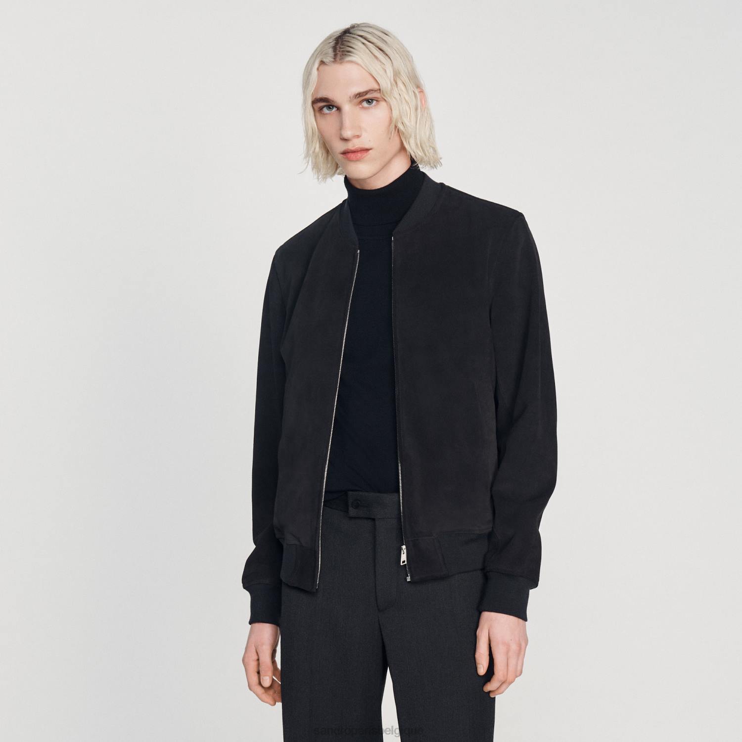 vêtements Sandro Paris veste en cuir suédé bleu marine Hommes XLXD622