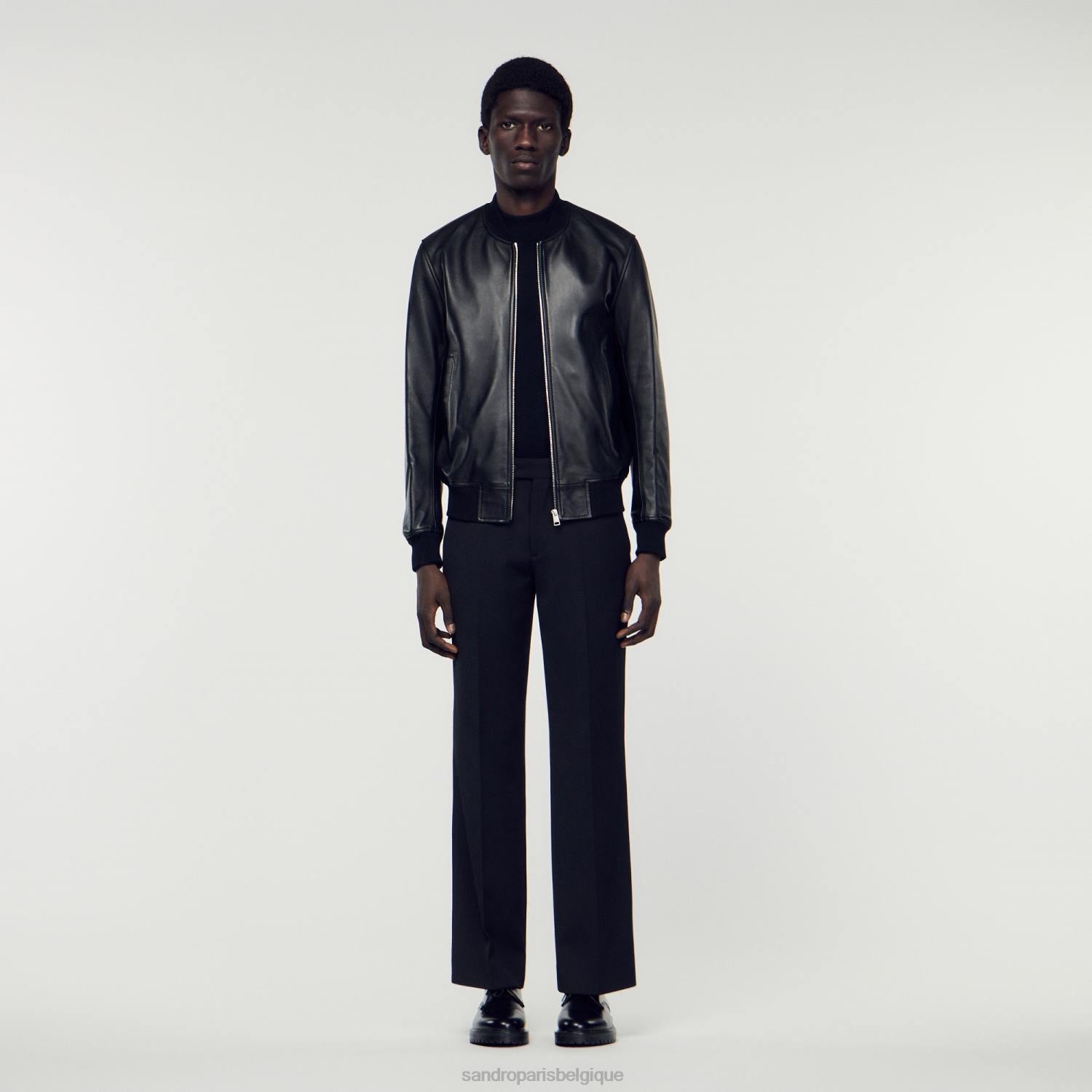 vêtements Sandro Paris veste universitaire en cuir lisse noir Hommes XLXD664